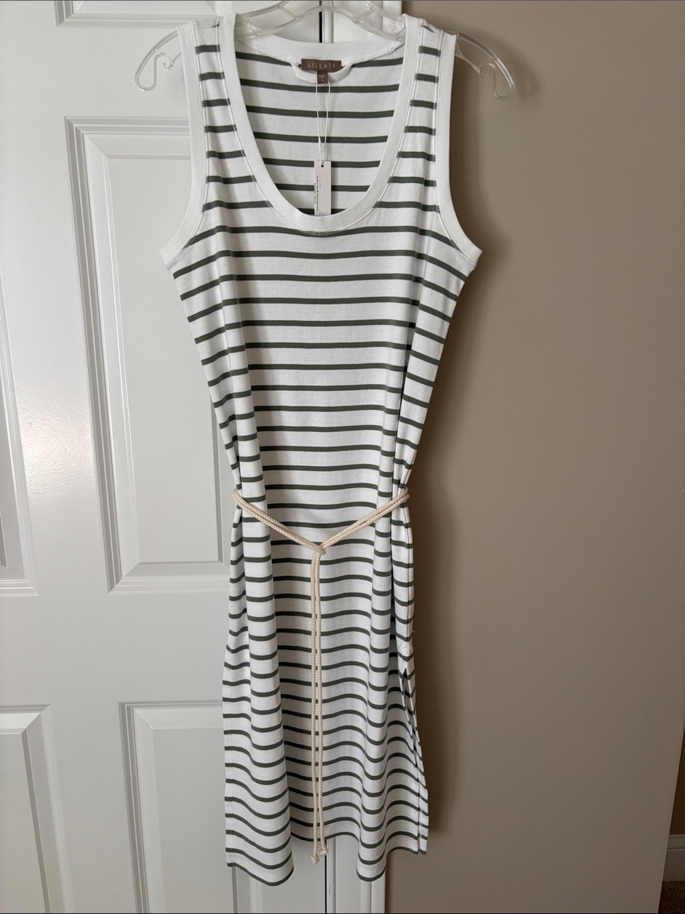 Lilla P White and Olive Striped Sleeveless Knit Midi Dress with Rope Belt